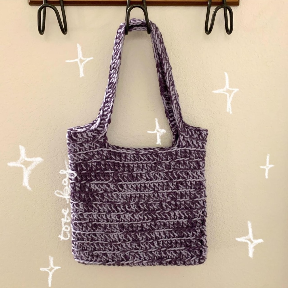 handmade crochet purple “scrap” tote bag